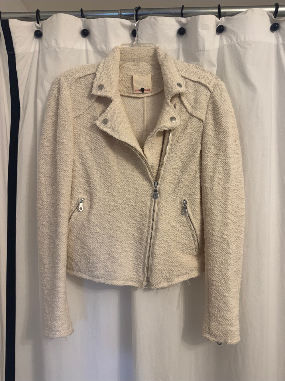 Rebecca Taylor Women’s Cream Bouclé Moto Jacket - Textured Zippered Coat. Sz 4